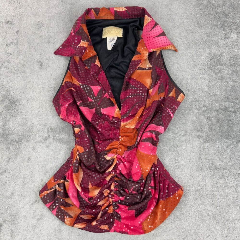 Vintage Cache Sequins Paillettes Ruched Floral Top Y2K Sleeveless Collared USA